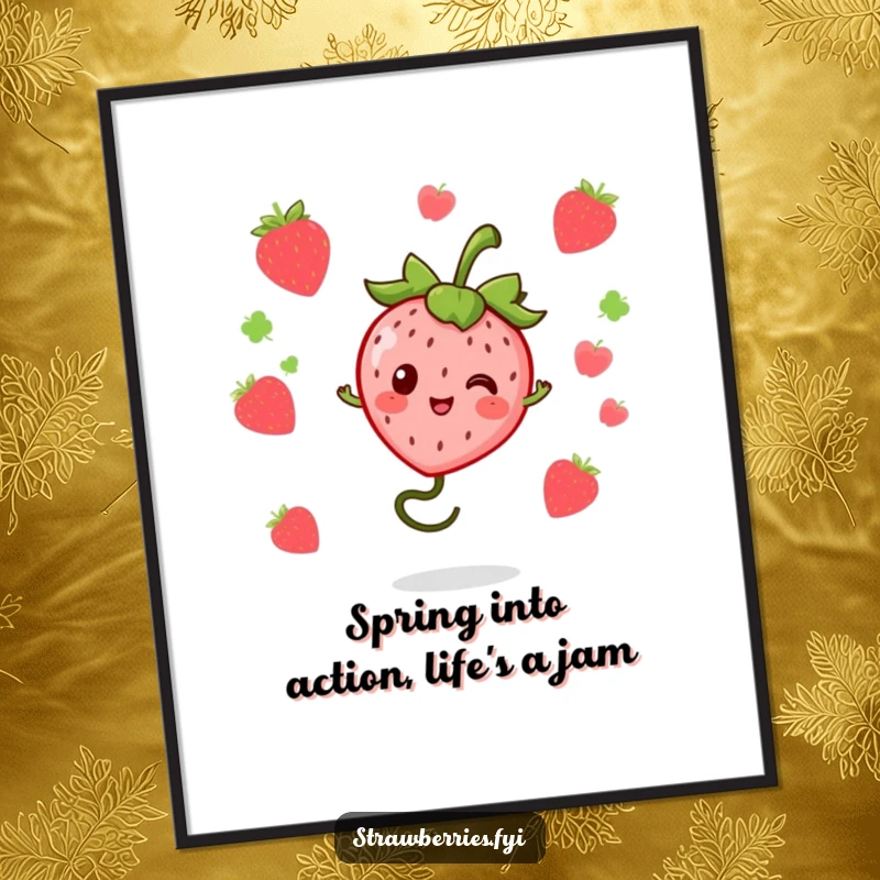 Funny Free Printable wall art depicting a kawaii strawberry character bouncing high on a springy stem with whimsical energy.