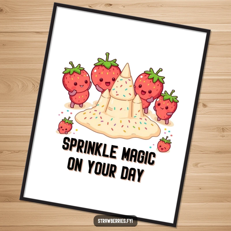 Funny Free Printable Wall Art: Group of strawberries working together to build a sandcastle with sprinkles.