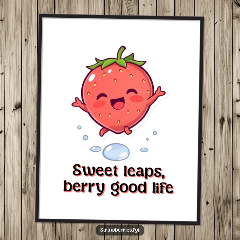 Funny Free Printable Wall Art: Joyous kawaii strawberry character leaping playfully over a shimmering dewdrop.