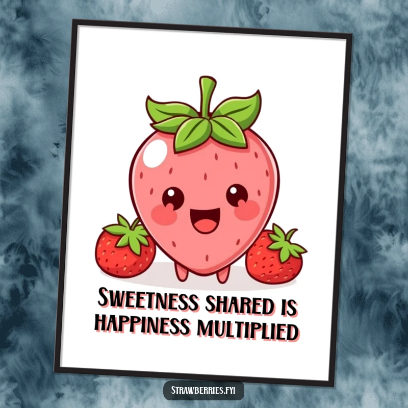 Funny Free Printable Wall Art of a smiling Kawaii strawberry character offering a tiny bite, radiating warmth and kindness.