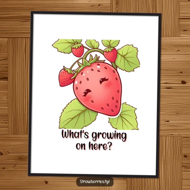 Funny free printable wall art: A strawberry peeks curiously from behind a vine, its expression suggesting intrigue and observation.
