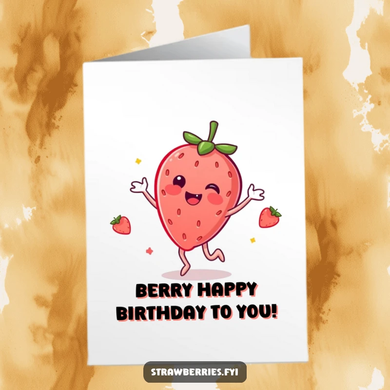 Funny Free Printable Birthday Card featuring a smiling anthropomorphic strawberry doing a joyful dance, spreading cheer and laughter.