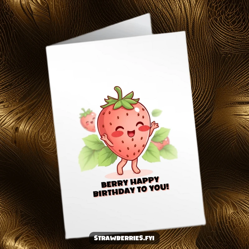 Funny Free Printable Birthday Card featuring a blushing strawberry character joyfully doing a happy little dance with its leaves.