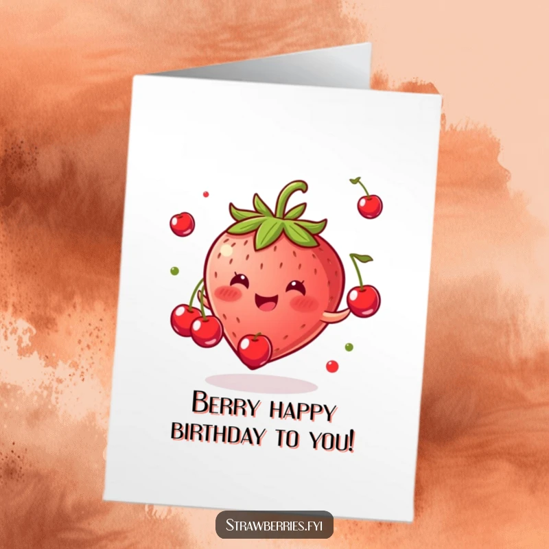 Funny free printable birthday card: A gleeful strawberry comically juggling small cherries, radiating pure joy and party spirit.