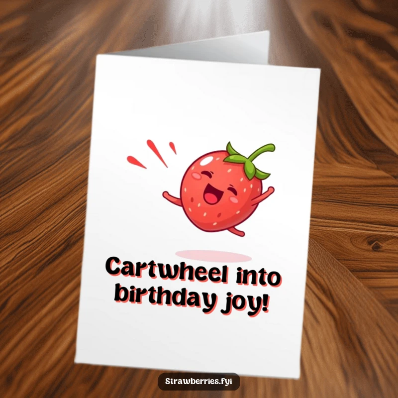 Funny Free Printable Birthday Card of a giddy strawberry character doing a happy cartwheel, leaving a vibrant red streak.