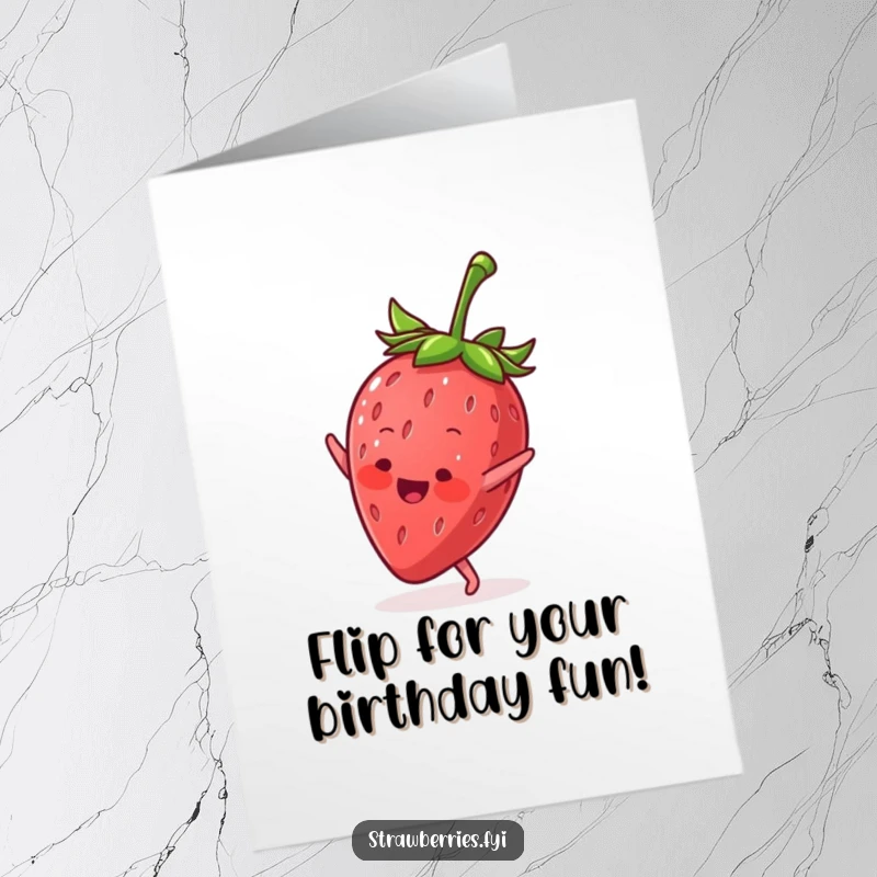 Funny Free Printable Birthday Card showing a cheerful anthropomorphic strawberry performing a dynamic cartwheel, full of playful energy.