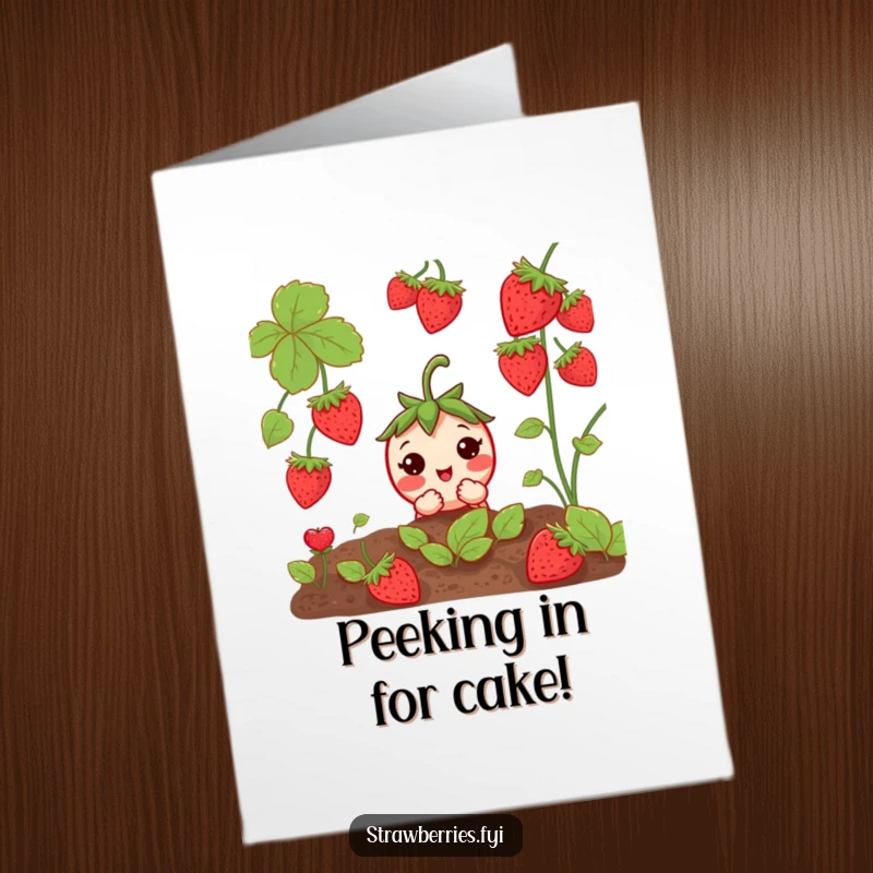 Funny Free Printable Birthday Card: A curious anthropomorphic strawberry peeks playfully from a garden patch, wishing a happy birthday.