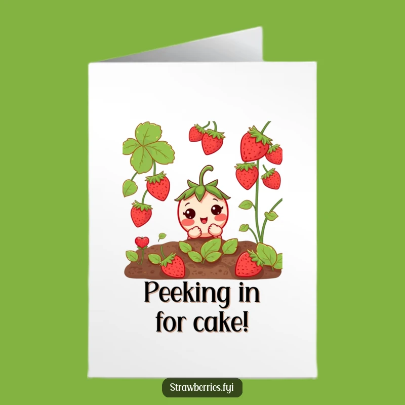 Free Printable Birthday Card: Curious Strawberry Peeking, Sweet Downloadable Gift