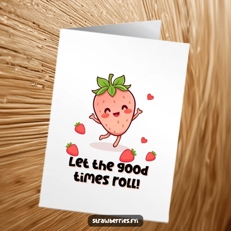 Funny Free Printable Birthday Card showing a cheerful Kawaii strawberry character doing a happy dance amongst falling leaves.