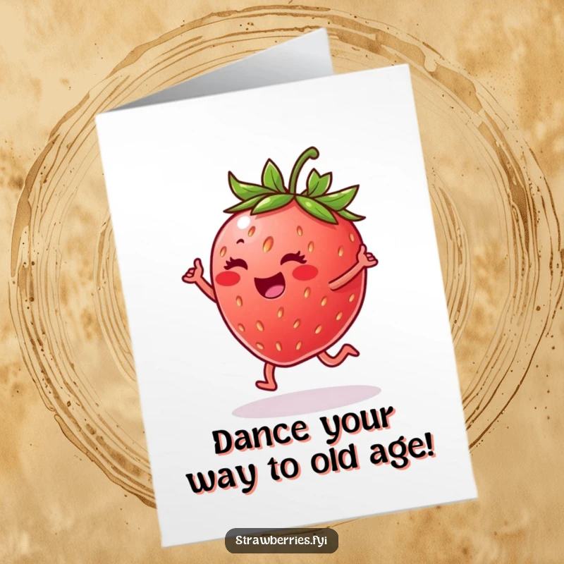 Funny free printable birthday card: A cheerful strawberry gleefully dancing a happy jig on a lush green leaf.