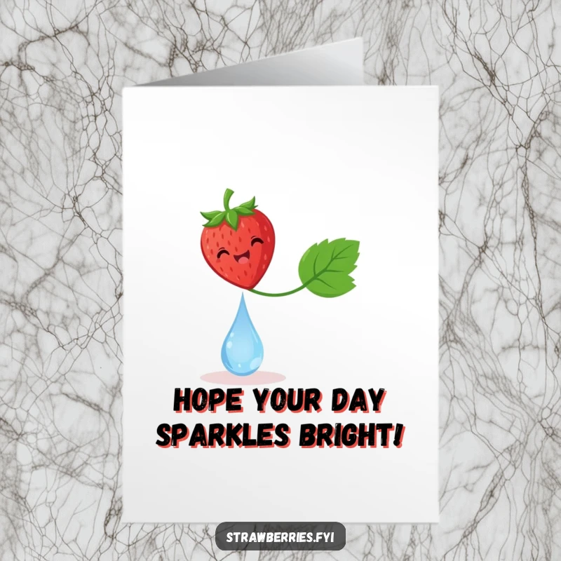 Funny free printable birthday card: A delighted strawberry precariously balances with joy on a shimmering dewdrop.