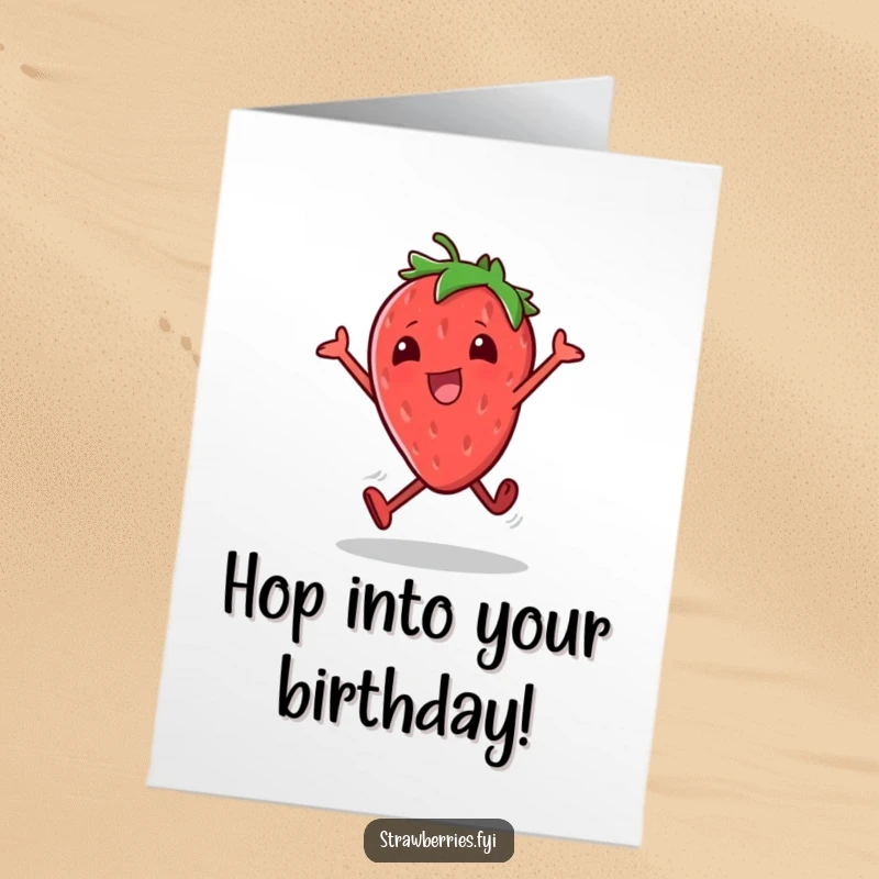 Funny Free Printable Birthday Card: Strawberry character doing little excited hops, bursting with birthday energy and happiness.