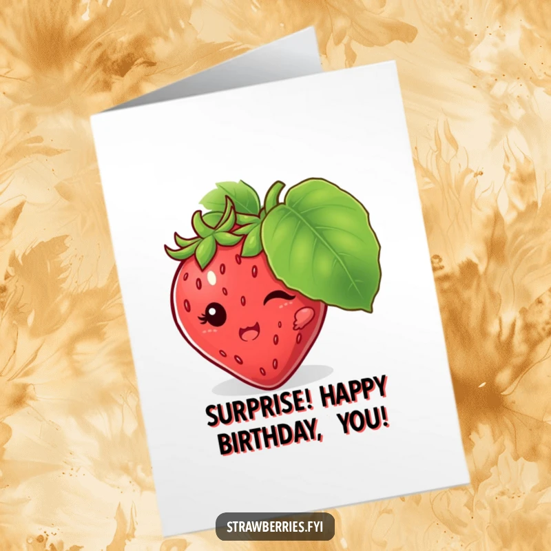 Funny Free Printable Birthday Card with a mischievous strawberry character hiding behind a large leaf, ready for a surprise, a DIY gift.