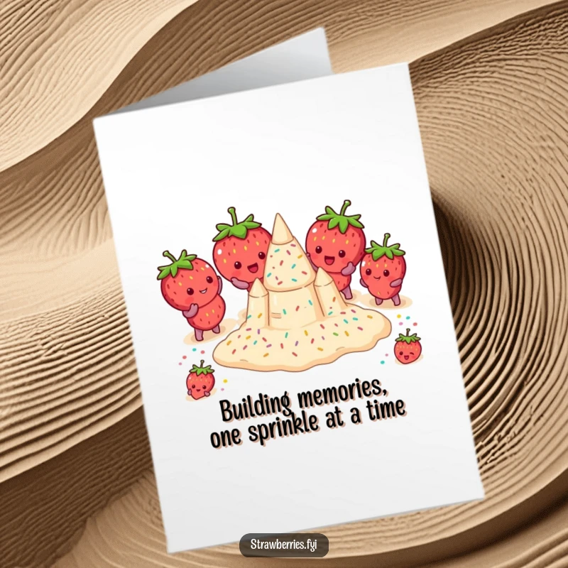 Funny Free Printable Birthday Card: Strawberry characters struggling to build a sandcastle with colorful sprinkles.