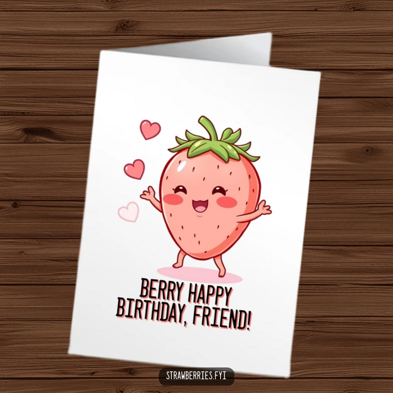 Funny Free Printable Birthday Card: A happy anthropomorphic strawberry busts a move with a joyful shimmy, celebrating the day.