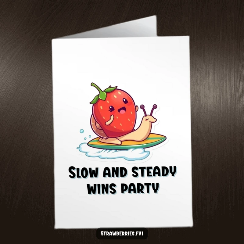 Funny Free Printable Birthday Card: Strawberry character gleefully riding a snail as if it were a surfboard.