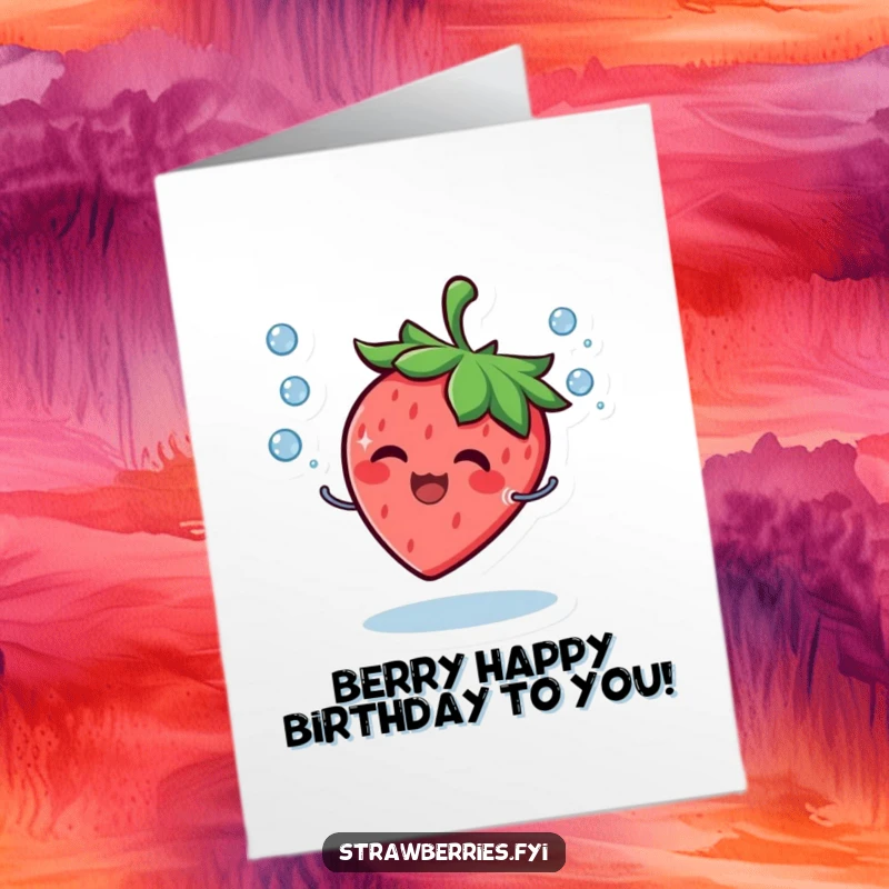 Funny Free Printable Birthday Card: Giggling strawberry character juggles tiny water droplets with a wide, happy smile.