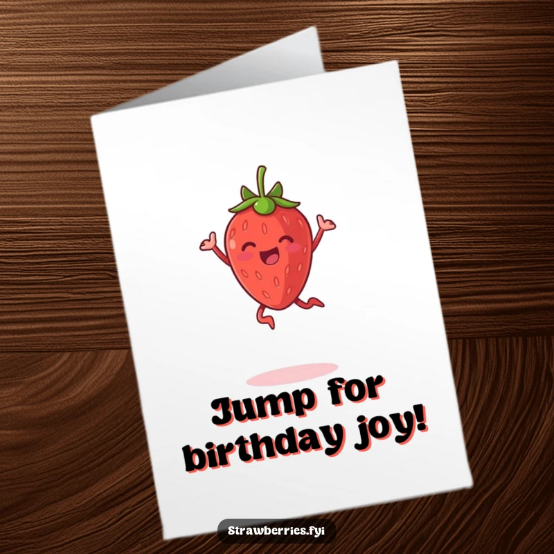 Funny Free Printable Birthday Card featuring a delighted anthropomorphic strawberry performing an enthusiastic jump for joy, full of happiness.