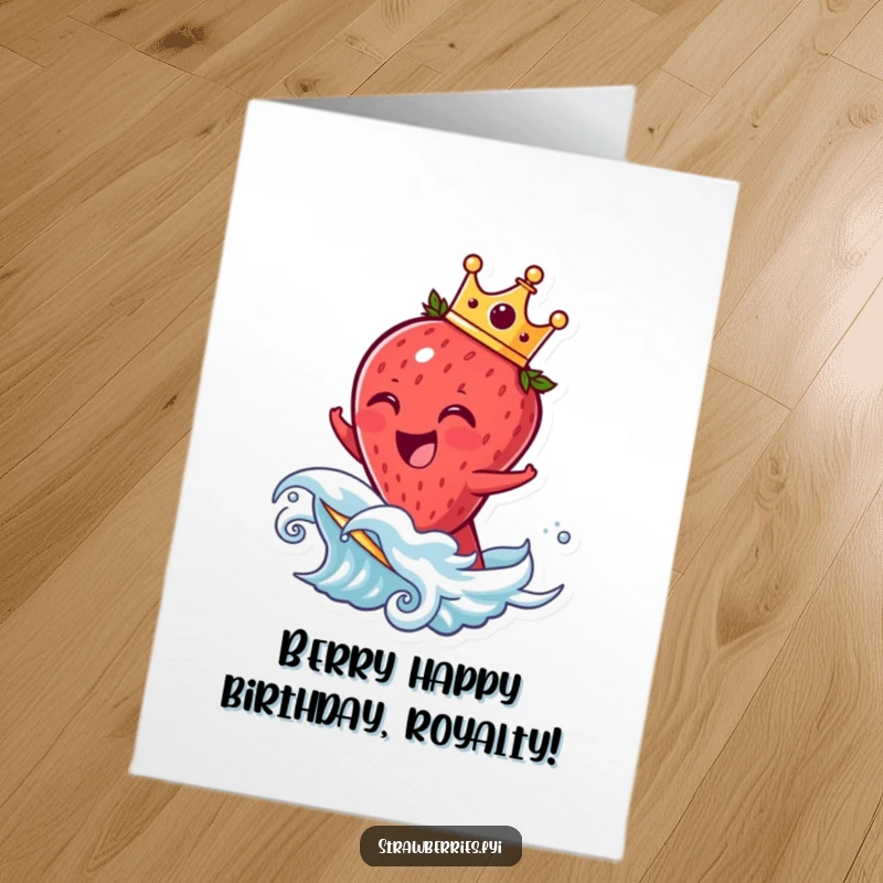 Funny Free Printable Birthday Card of a laughing strawberry character wearing a tiny crown, joyfully riding a fruit wave.