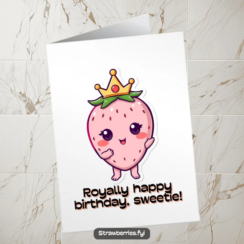 Funny Free Printable Birthday Card: A kawaii strawberry character wearing a tiny golden crown, posing regally and humorously.