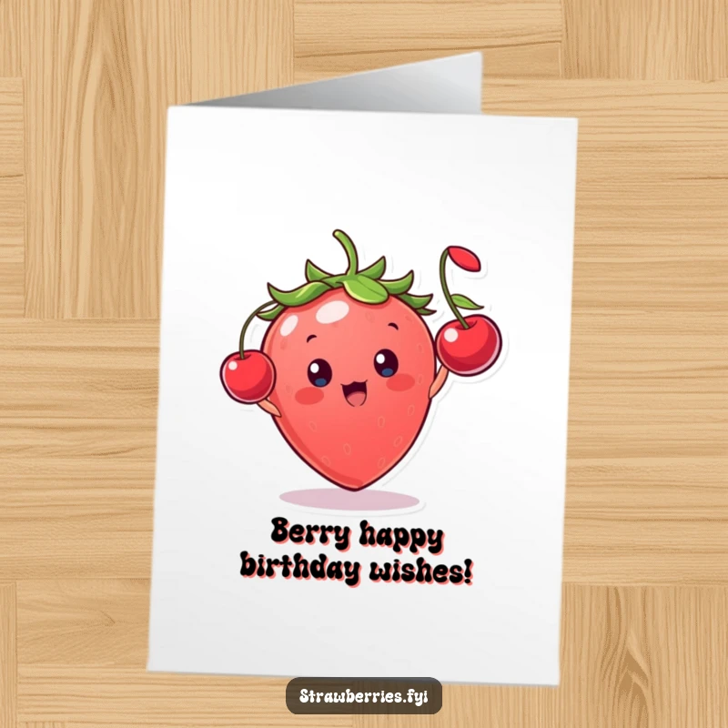 Funny Free Printable Birthday Card: A happy strawberry character gleefully throws a miniature cherry, mid-air.