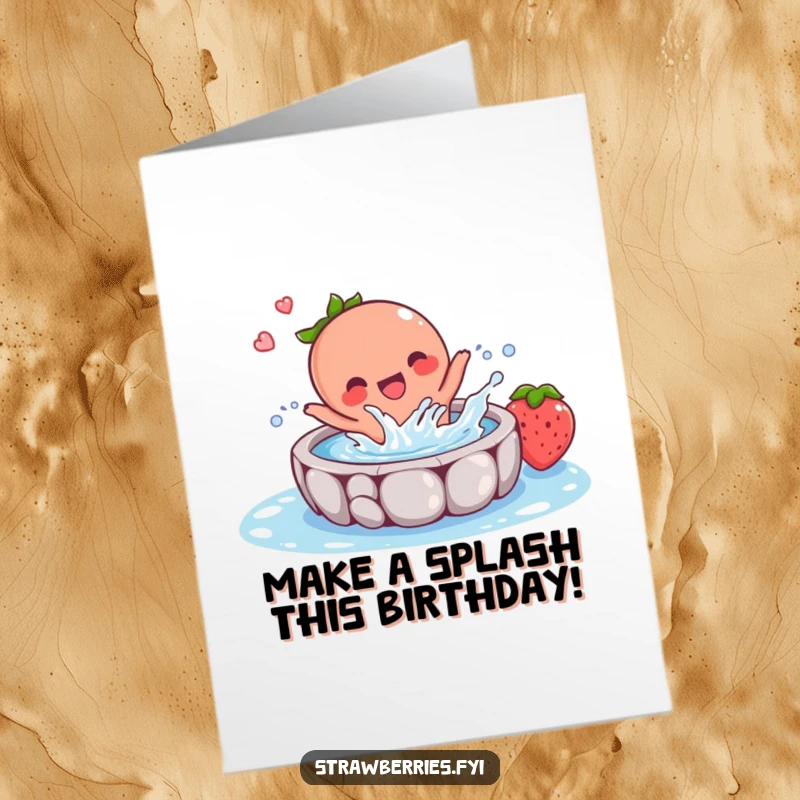 Funny Free Printable Birthday Card: Strawberry character gleefully splashing in a tiny pool, sending water droplets flying with joy.