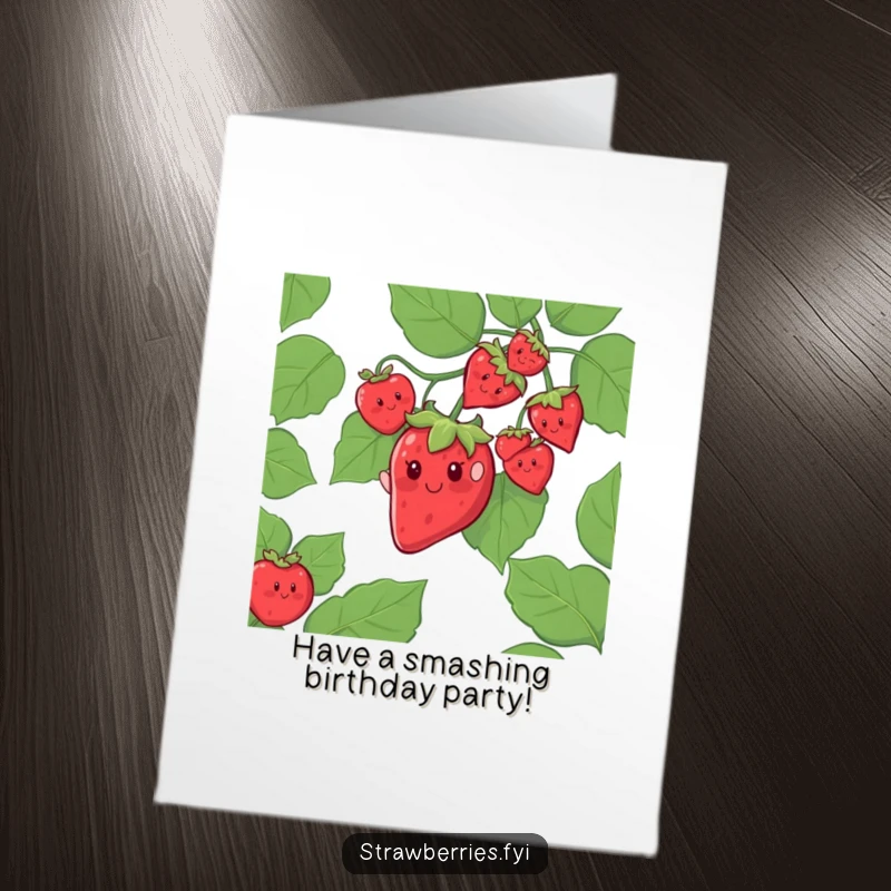 Funny Free Printable Birthday Card featuring a cheerful strawberry character sliding enthusiastically down a giant leafy vine.
