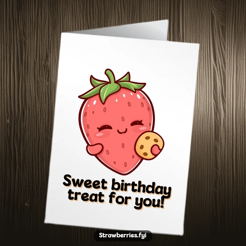 Funny Free Printable Birthday Card: A kawaii strawberry character winking playfully while offering a tiny, delicious cookie.