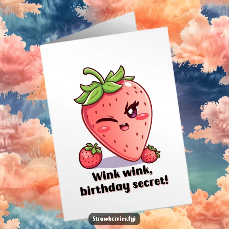 Funny Free Printable Birthday Card: A strawberry character winking playfully, with a sly and mischievous glint in its eye.