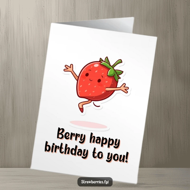 Funny Free Printable Birthday Card: A strawberry character performing a joyful pirouette with glee.