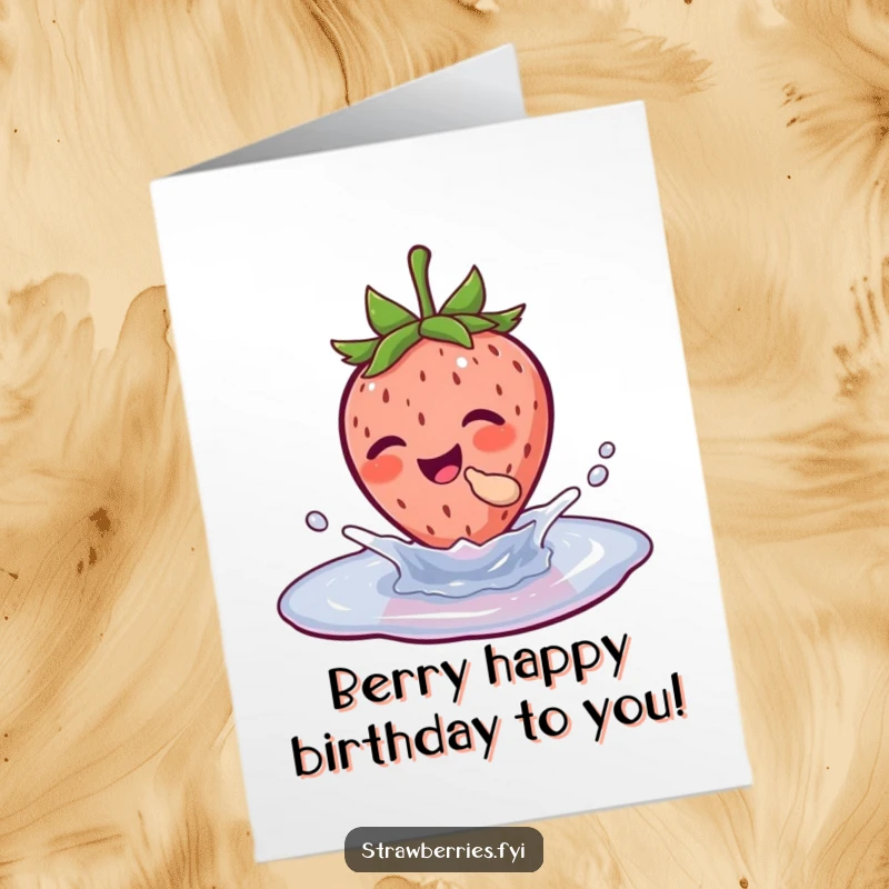 Funny free printable birthday card showing a strawberry gleefully splashing in a small puddle, spreading pure joy.