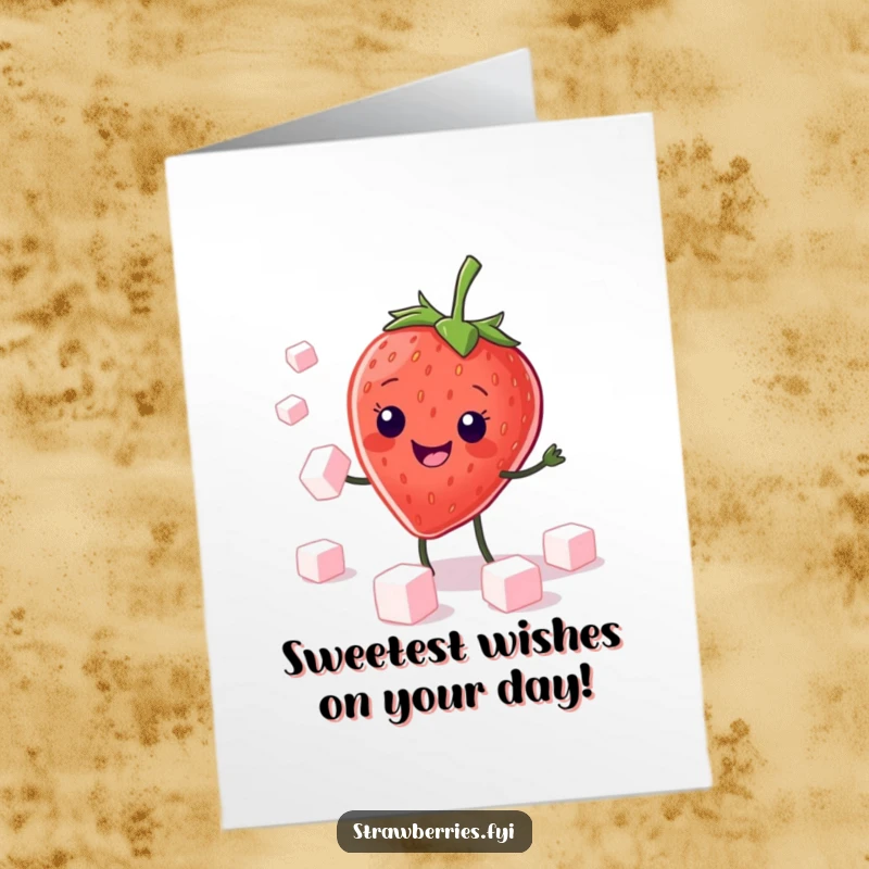 Funny Free Printable Birthday Card: Kawaii strawberry juggling tiny sugar cubes with a big grin, a sweet surprise.