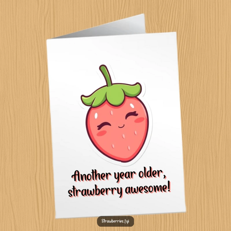 Funny Free Printable birthday card featuring a kawaii strawberry winking and tipping its leafy hat with a playful grin.