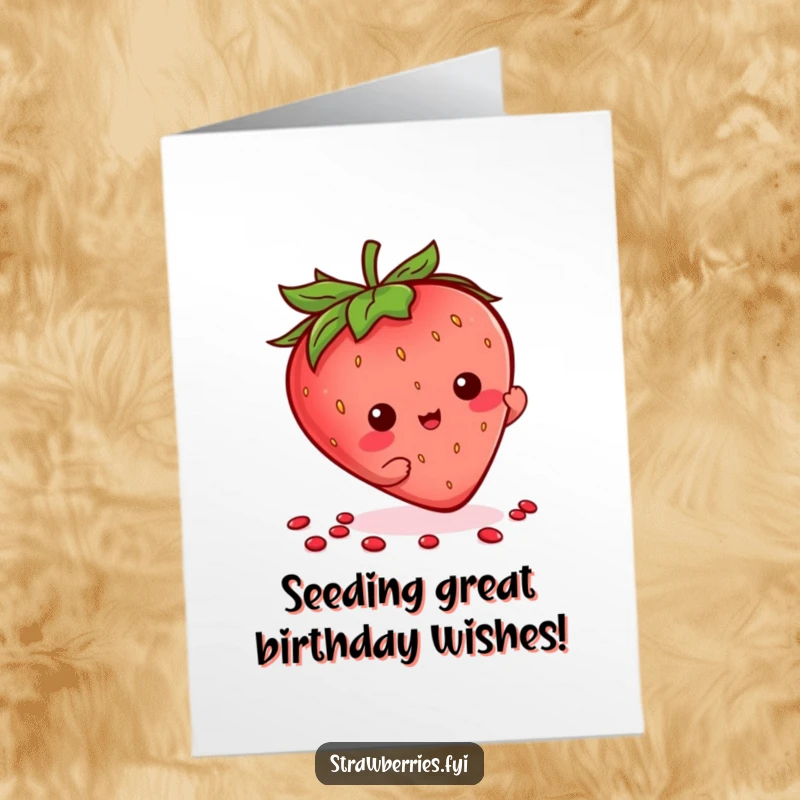 Funny free printable birthday card showcasing a Kawaii strawberry enthusiastically flourishing its seeds. A unique DIY gift.