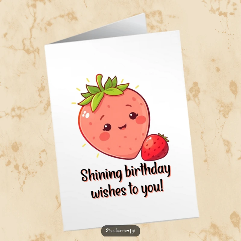 Free Printable Birthday Card: A sunny strawberry character basking contentedly in a warm ray of light, glowing happily.