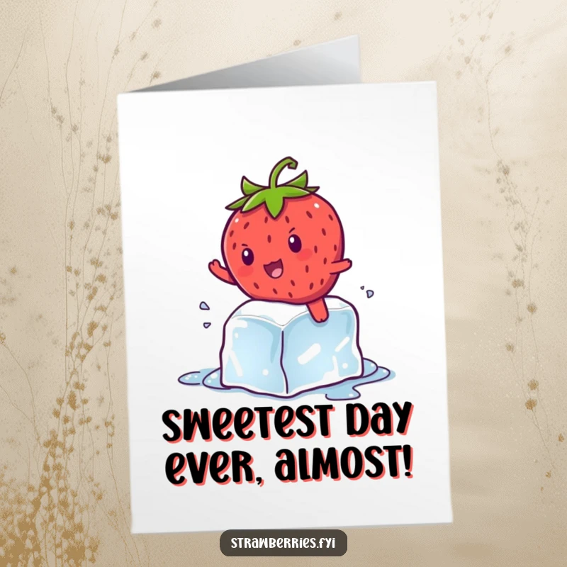Funny Free Printable Birthday Card: Kawaii strawberry character hilariously attempts to ride a melting ice cube, looking determined.