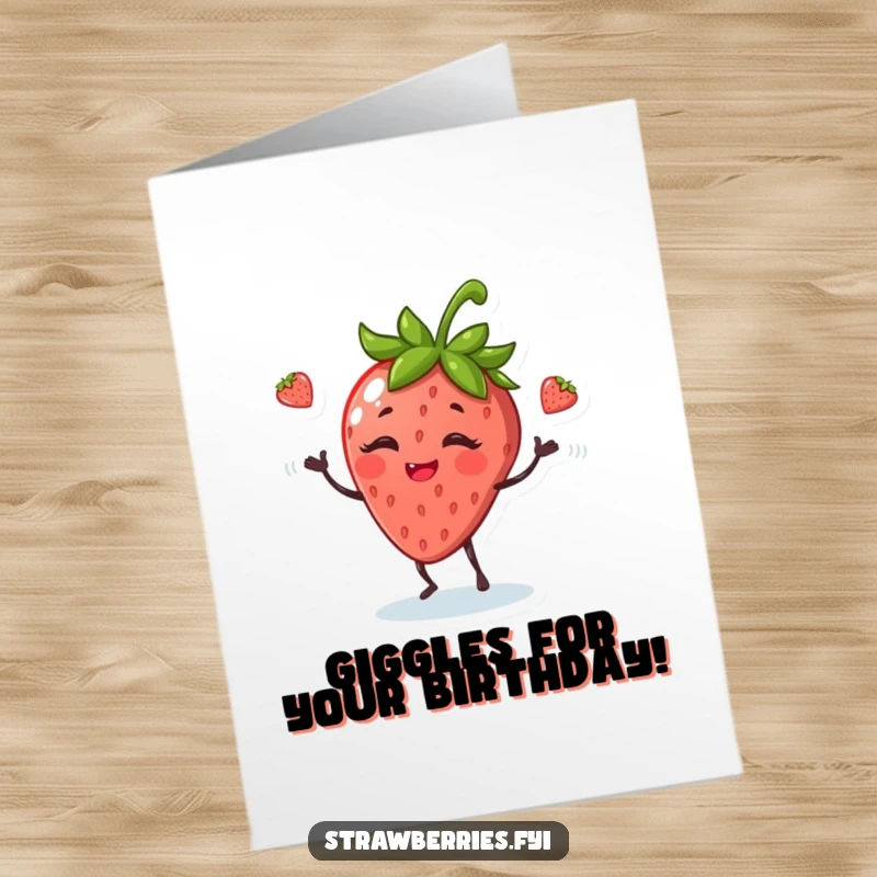Funny Free Printable Birthday Card featuring a giggling anthropomorphic strawberry juggling tiny leaves, showcasing playful talent and humor.
