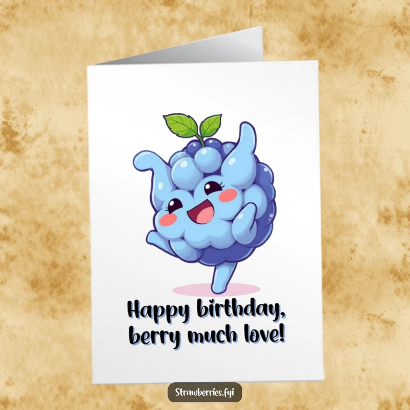 Funny Free Printable Birthday Card: A playful blueberry character doing a somersault with a wide, happy grin.