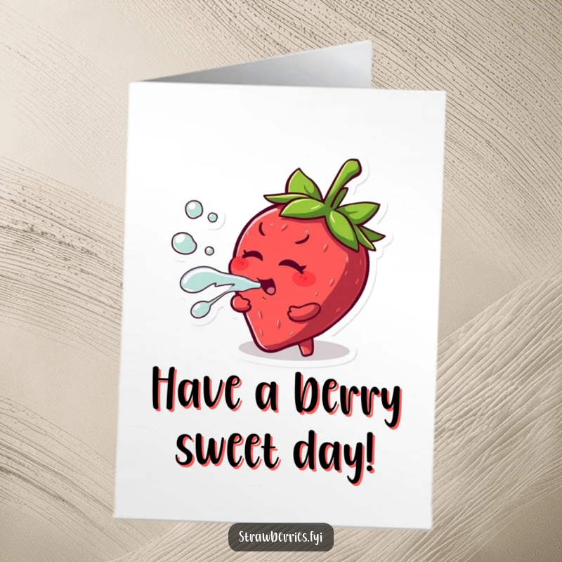Funny free printable birthday card featuring a mischievous strawberry character playfully squirting a stream of juice with a cheeky grin.