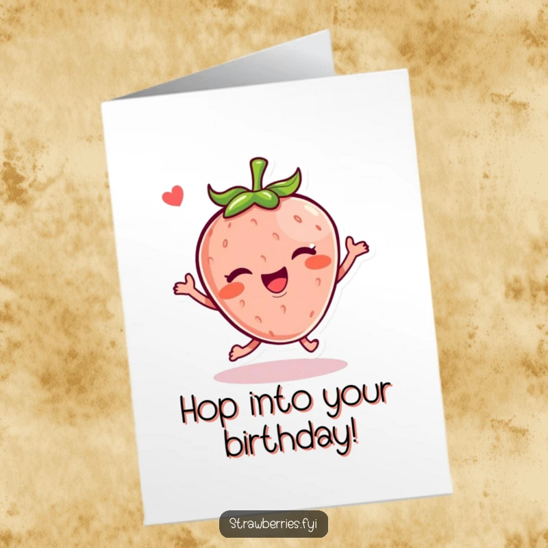 Funny Free Printable Kawaii strawberry character doing a joyful hop with a wink, perfect for a fun birthday card.