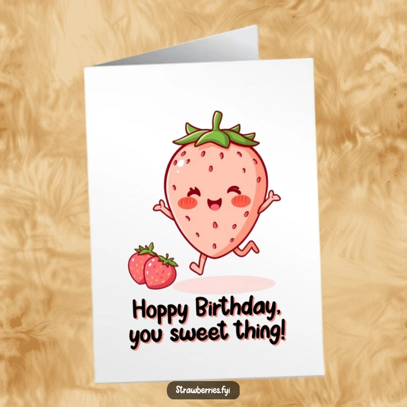 Funny Free Printable birthday card featuring a delighted kawaii strawberry with rosy cheeks doing a happy little hop.