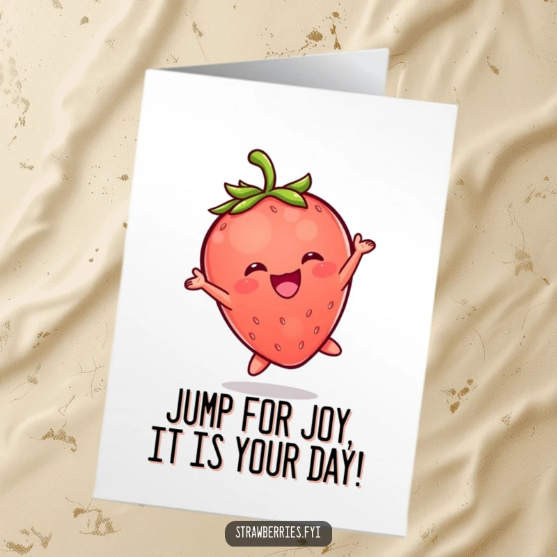 Funny Free Printable Birthday Card featuring a jubilant Kawaii strawberry character leaping with pure, unadulterated joy.