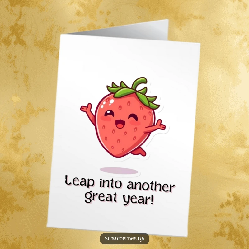 Funny Free Printable Birthday Card: Kawaii strawberry leaping joyfully with leaves, perfect for a humorous greeting.