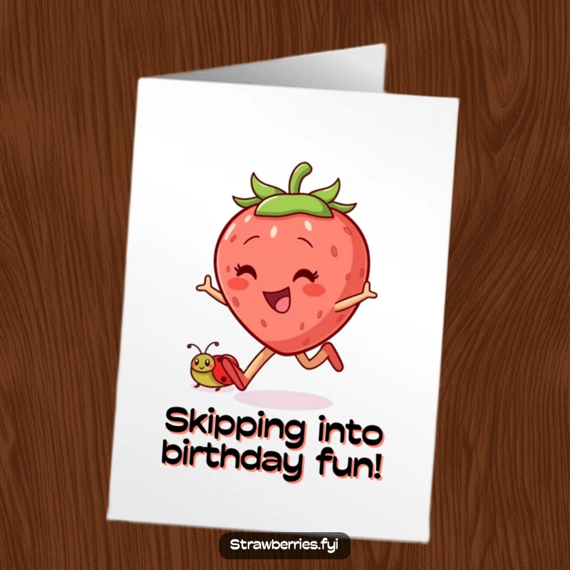 Free Printable Birthday Card: A jovial strawberry character joyfully skipping alongside a small ladybug friend, celebrating.
