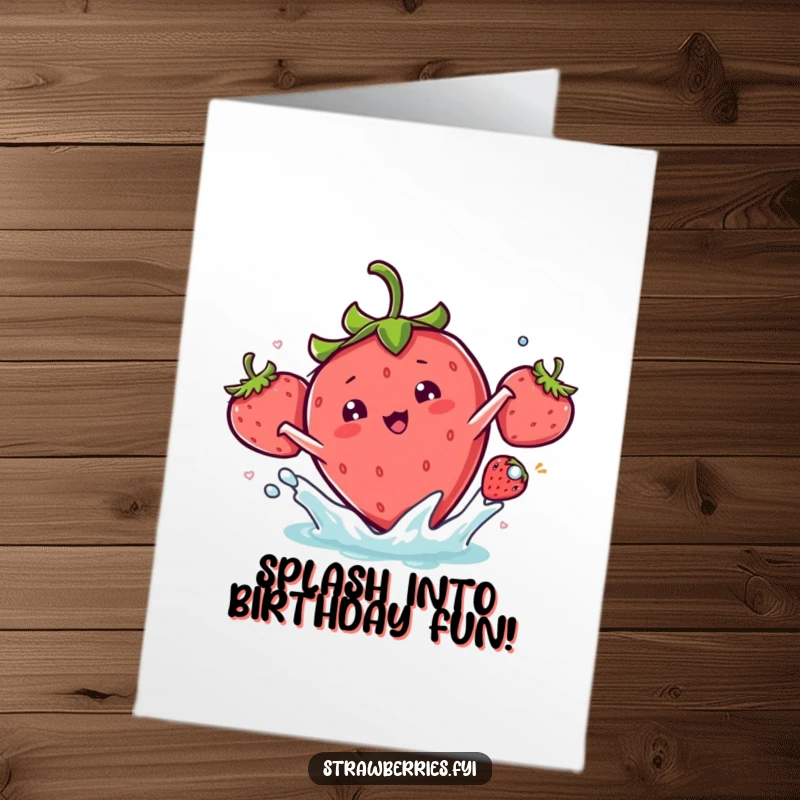 Funny Free Printable Birthday Card: A kawaii strawberry character joyfully doing a playful splash, creating tiny water droplets.
