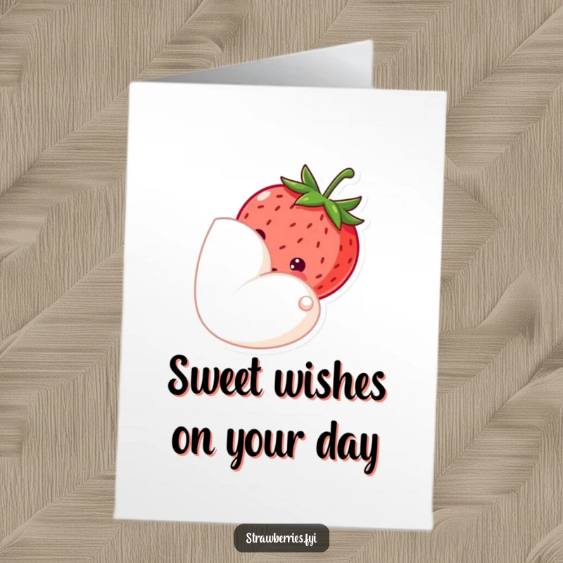 Funny Free Printable Birthday Card: A shy strawberry peeking cautiously from behind a soft pink petal, celebrating a gentle birthday.