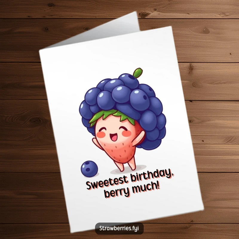 Funny Free Printable Birthday Card: A tiny strawberry gleefully attempts to wear a comically oversized blueberry as a hat.