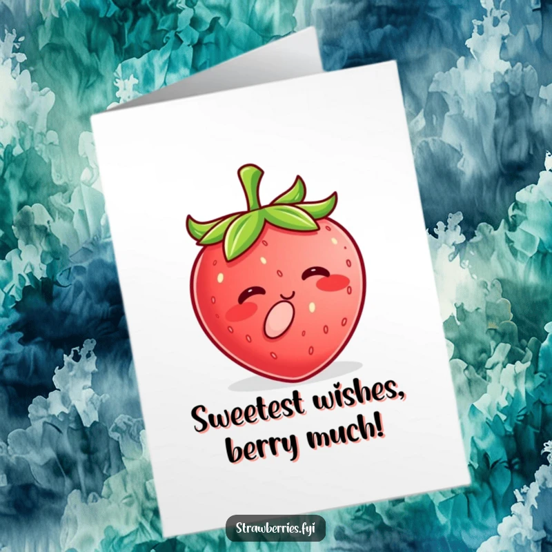 Funny free printable birthday card featuring a happy Kawaii strawberry character blowing a tiny, sweet kiss. Perfect for a cute DIY gift.
