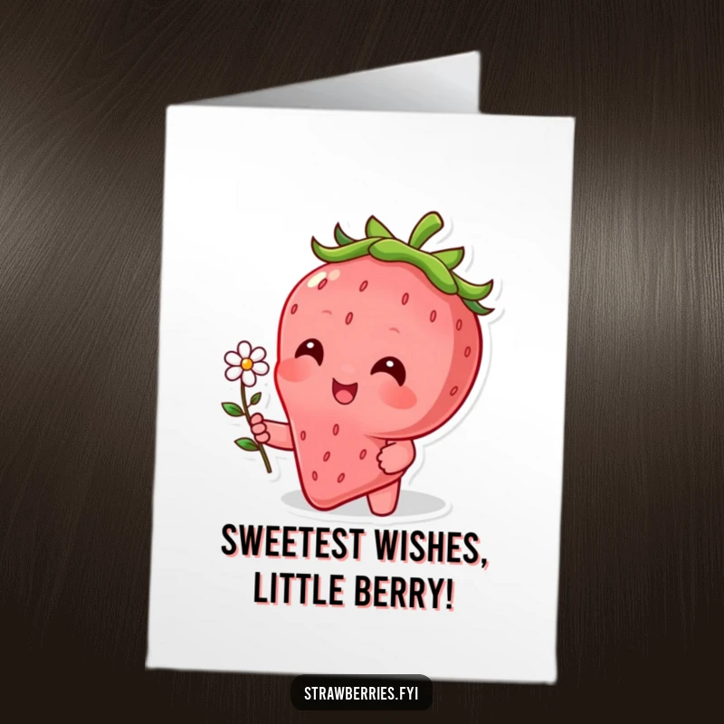 Funny free printable birthday card featuring a beaming strawberry character joyfully offering a delicate tiny flower.