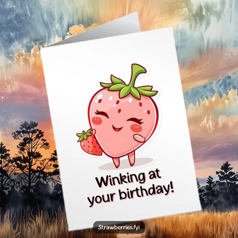 Funny Free Printable Birthday Card with a mischievous anthropomorphic strawberry giving a playful wink, hinting at birthday fun.